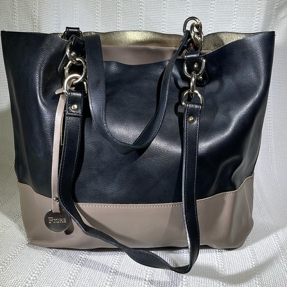 Isabella Fiore Handbags - FIORE ,LARGE BLACK & TOUPE ITALIAN‎ LEATHER TOTE; GOLD INSIDE.